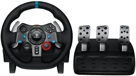 Controle de videogame com volante e pedais para jogos de corrida.