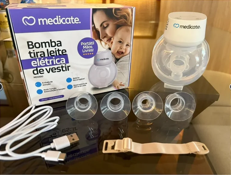 Bomba tira leite elétrica de vestir Medicate com controle portátil e acessórios. Ideal para mães que.