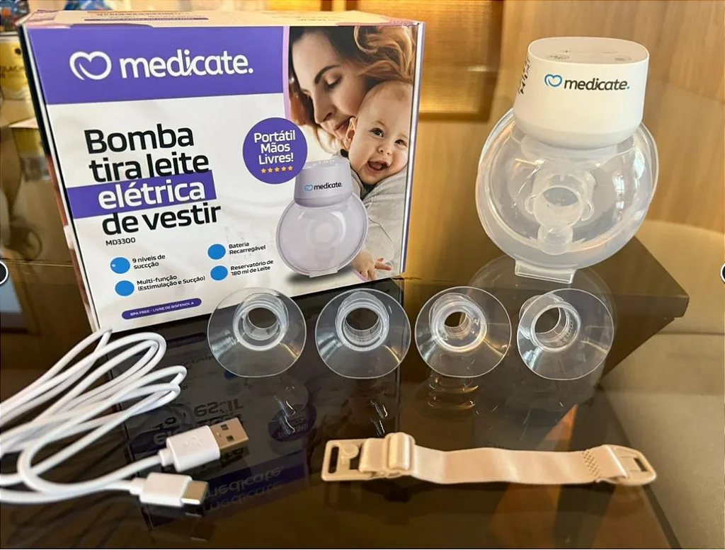 Bomba tira leite elétrica de vestir Medicate com controle portátil e acessórios. Ideal para mães que.