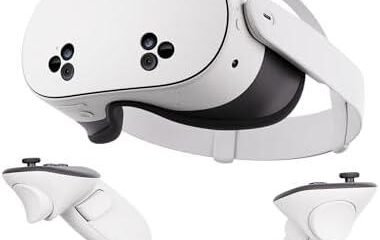 Óculos de realidade virtual com controladores para jogos e experiências imersivas.