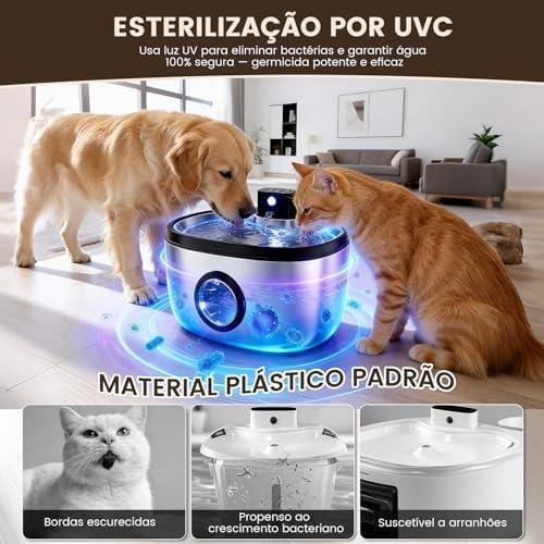         Fonte para Gatos 5L, Esterilização por UVC, Aço Inox, Bateria 4000mAh, Carregamento Type-C, 5 Estágios de Filtragem, Autonomia de 45 Dias, Com Desligamento Automático, Bebedouro Pet para Cães e Gatos       