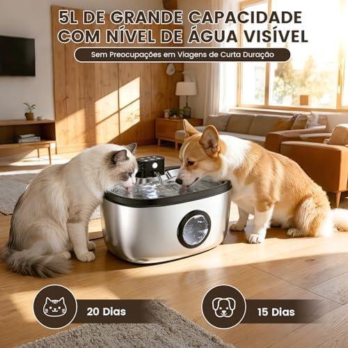         Fonte para Gatos 5L, Esterilização por UVC, Aço Inox, Bateria 4000mAh, Carregamento Type-C, 5 Estágios de Filtragem, Autonomia de 45 Dias, Com Desligamento Automático, Bebedouro Pet para Cães e Gatos       
