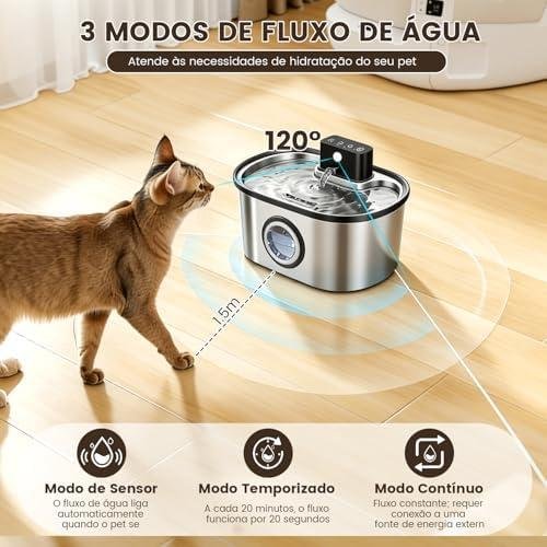         Fonte para Gatos 5L, Esterilização por UVC, Aço Inox, Bateria 4000mAh, Carregamento Type-C, 5 Estágios de Filtragem, Autonomia de 45 Dias, Com Desligamento Automático, Bebedouro Pet para Cães e Gatos       