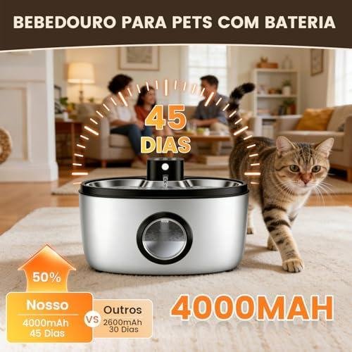         Fonte para Gatos 5L, Esterilização por UVC, Aço Inox, Bateria 4000mAh, Carregamento Type-C, 5 Estágios de Filtragem, Autonomia de 45 Dias, Com Desligamento Automático, Bebedouro Pet para Cães e Gatos       