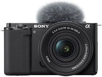 Câmera Sony com microfone de pelúcia cinza, ideal para fotografia e tecnologia.