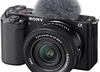 Câmera Sony com microfone de gravação para vídeos de alta qualidade.