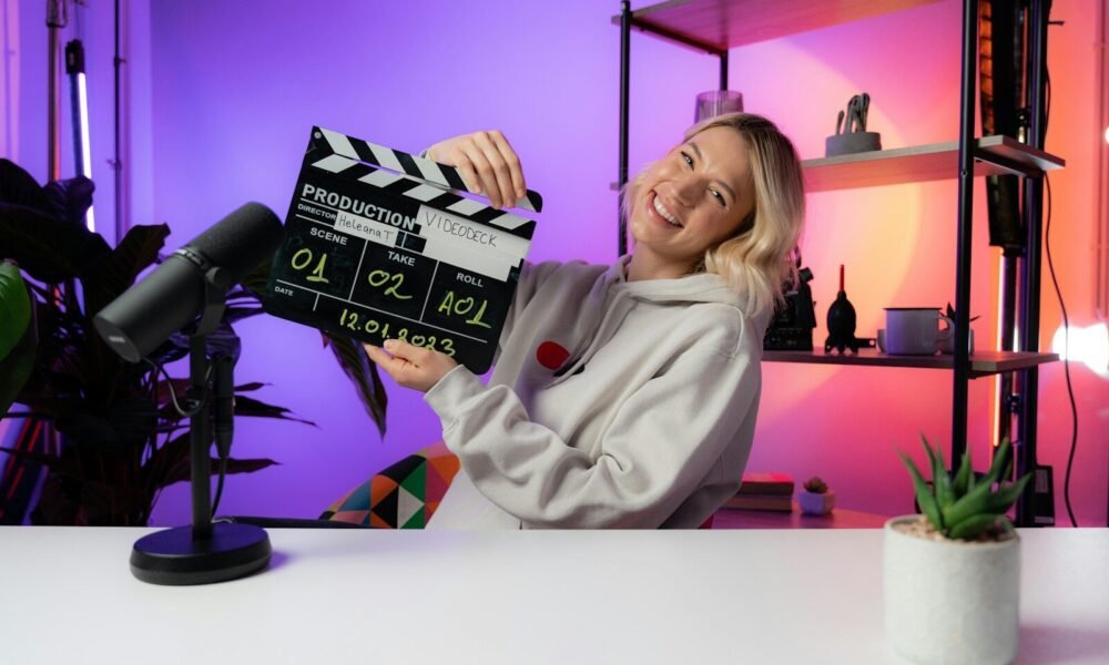Imagem de uma mulher sorridente segurando uma claquete de produção de vídeo em um ambiente de estúdi.