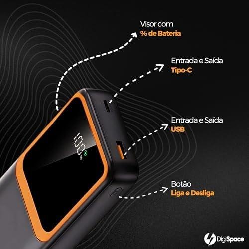        Carregador Portátil (Power Bank) 20000Mah Turbo 22.5w Carregamento Ultra Rápido PD Visor Led com 2 Saídas Compatível com Android e IOS (Preto)       