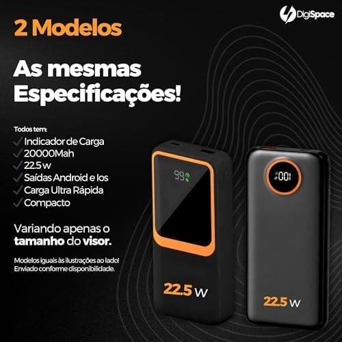         Carregador Portátil (Power Bank) 20000Mah Turbo 22.5w Carregamento Ultra Rápido PD Visor Led com 2 Saídas Compatível com Android e IOS (Preto)       