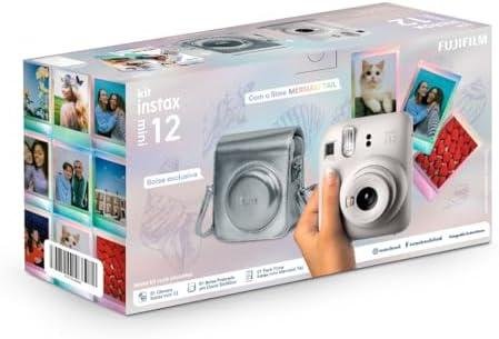         Kit Câmera Instax Mini 12 com pack 10 fotos Mermaid Tail e Bolsa Prateada       