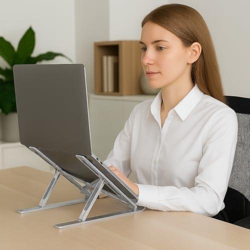         Suporte para Notebook e Tablet Linha Premium em Alumínio Dobrável e Ergonômico Para Desktop Portátil Ajustável em 6 Ângulos com Altura Regulável Leve Apoio Universal - Com estojo para armazenagem       